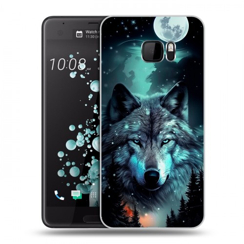 Дизайнерский пластиковый чехол для HTC U Ultra Волк и луна
