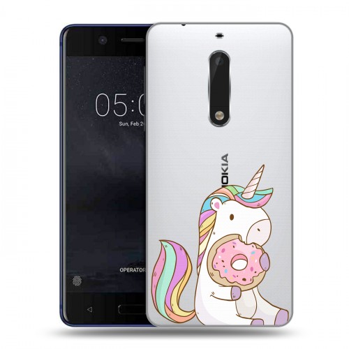 Полупрозрачный дизайнерский пластиковый чехол для Nokia 5 Единорог и пончик