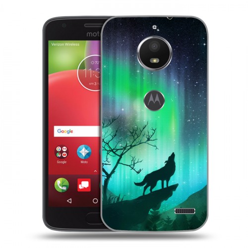 Дизайнерский пластиковый чехол для Motorola Moto E4 Северное сияние и волк
