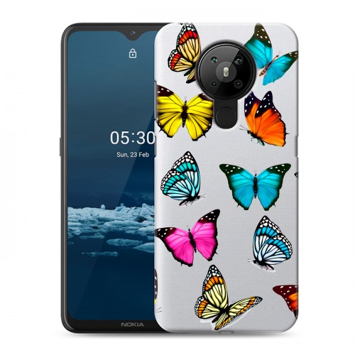 Полупрозрачный дизайнерский пластиковый чехол для Nokia 5.3 прозрачные Бабочки 