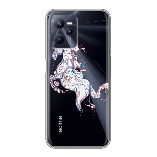 Полупрозрачный дизайнерский силиконовый с усиленными углами чехол для Realme C35 Прозрачные лошади и единороги 