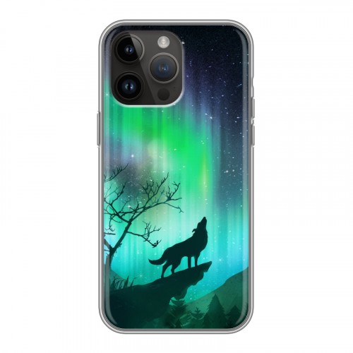 Дизайнерский силиконовый с усиленными углами чехол для Iphone 14 Pro Max Северное сияние и волк