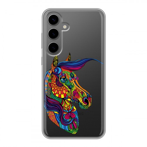 Полупрозрачный дизайнерский пластиковый чехол для Samsung Galaxy S24 Plus Прозрачные лошади и единороги 