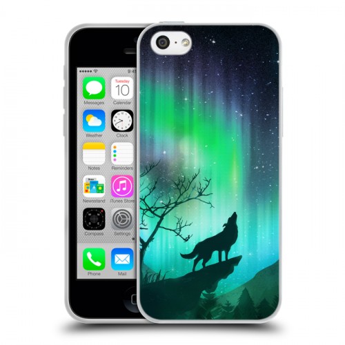 Дизайнерский пластиковый чехол для Iphone 5c Северное сияние и волк