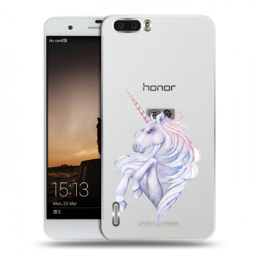 Полупрозрачный дизайнерский пластиковый чехол для Huawei Honor 6 Plus Единорог