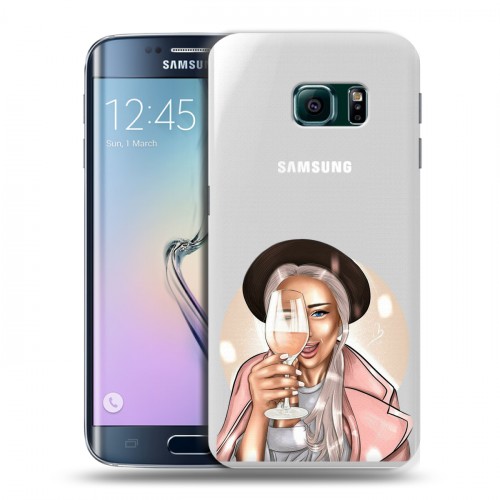 Полупрозрачный дизайнерский пластиковый чехол для Samsung Galaxy S6 Edge Девушка с бокалом