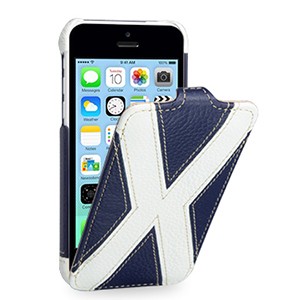 Кожаный премиум чехол книжка вертикальная (2 вида нат. кожи) серия X Style для Iphone 5c синяя/белая