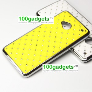 Чехол пластик/металл со стразами для HTC One M7 One SIM (Для модели с одной сим-картой) Желтый