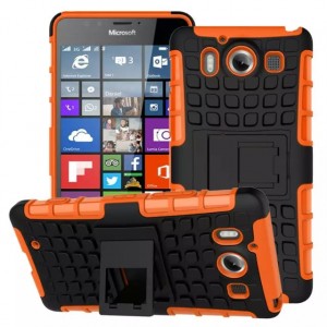Антиударный гибридный чехол экстрим защита силикон/поликарбонат с ножкой-подставкой для Microsoft Lumia 950 Оранжевый