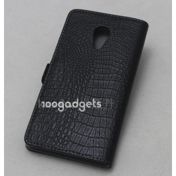 Кожаный чехол горизонтальная книжка (нат. кожа) крокодил на пластиковой основе для Meizu MX4 Черный