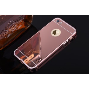 Двухкомпонентный чехол c металлическим бампером с поликарбонатной накладкой и зеркальным покрытием для Iphone 5s Розовый