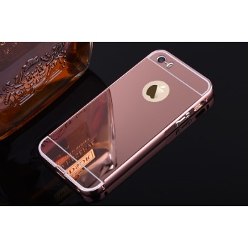 Двухкомпонентный чехол c металлическим бампером с поликарбонатной накладкой и зеркальным покрытием для Iphone 5s Розовый