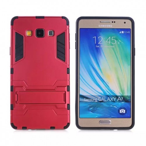 Сверхпрочный противоударный чехол для Samsung Galaxy A7 с текстурой металлик и ножкой подставкой, цвет Красный