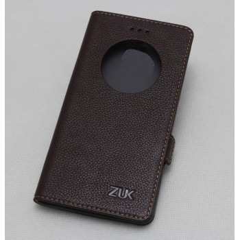 Кожаный чехол горизонтальная книжка подставка с окном вызова и крепежной застежкой для ZUK Z2  Коричневый