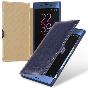 Кожаный чехол горизонтальная книжка (премиум нат. кожа) с крепежной застежкой для Sony Xperia X  Синий