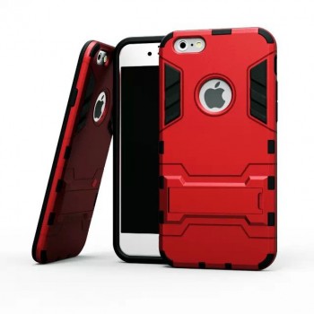 Противоударный двухкомпонентный силиконовый матовый непрозрачный чехол с поликарбонатными вставками экстрим защиты с встроенной ножкой-подставкой для Iphone 5/5s/SE Красный