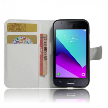 Чехол портмоне подставка для Samsung Galaxy J1 mini Prime (2016) с магнитной защелкой и отделениями для карт Белый