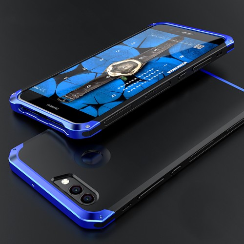 Пластиковый непрозрачный ультрапротекторный нескользящий чехол сборного типа с алюминиевыми вставками для Huawei Nova 2 Plus , цвет Синий