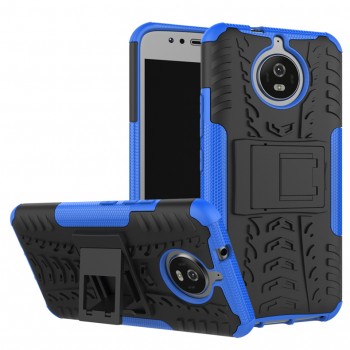 Противоударный двухкомпонентный силиконовый матовый непрозрачный чехол с нескользящими гранями и поликарбонатными вставками экстрим защиты с встроенной ножкой-подставкой для Motorola Moto G5s Синий
