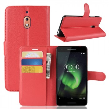 Чехол портмоне подставка для Nokia 2.1 с магнитной защелкой и отделениями для карт Красный