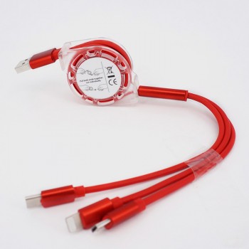 Автоскручивающийся интерфейсный кабель-хаб 3в1 (USB - Lightning/MicroUSB/Type-C) 1м Красный