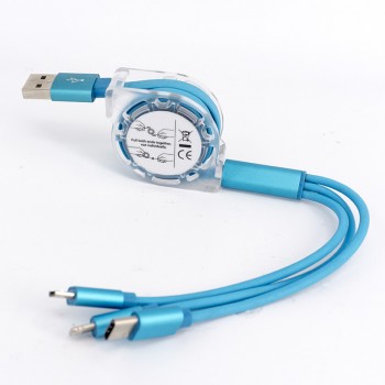 Автоскручивающийся интерфейсный кабель-хаб 3в1 (USB - Lightning/MicroUSB/Type-C) 1м Синий