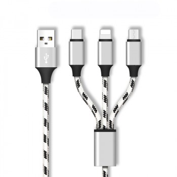 Интерфейсный кабель-хаб 3в1 (USB - Lightning/MicroUSB/Type-C) в тканевой оплетке 1.2м Белый