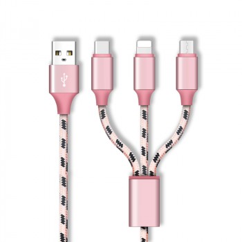Интерфейсный кабель-хаб 3в1 (USB - Lightning/MicroUSB/Type-C) в тканевой оплетке 1.2м Розовый