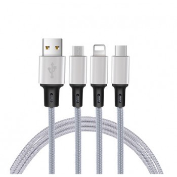 Интерфейсный кабель-хаб 3в1 (USB - Lightning/MicroUSB/Type-C) в тканевой оплетке 1.2м Белый