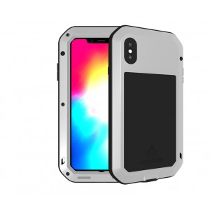 Эксклюзивный многомодульный ультрапротекторный пылевлагозащищенный ударостойкий нескользящий чехол алюминиево-цинковый сплав/силиконовый полимер с закаленным защитным стеклом для Iphone XS  Серый
