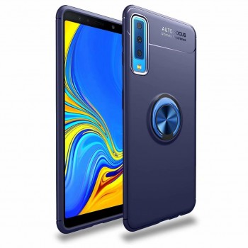 Силиконовый матовый чехол для Samsung Galaxy A7 (2018) с встроенным кольцом-подставкой-держателем Синий