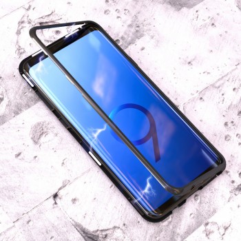 Двухкомпонентный металлический магнитный чехол для  Samsung Galaxy S9 Plus с защитным стеклом и прозрачной задней накладкой