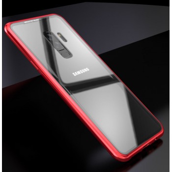 Двухкомпонентный металлический магнитный чехол для  Samsung Galaxy S9 Plus с защитным стеклом и прозрачной задней накладкой Красный