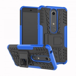 Противоударный двухкомпонентный силиконовый матовый непрозрачный чехол с нескользящими гранями и поликарбонатными вставками экстрим защиты с встроенной ножкой-подставкой для Nokia 6 (2018) Синий