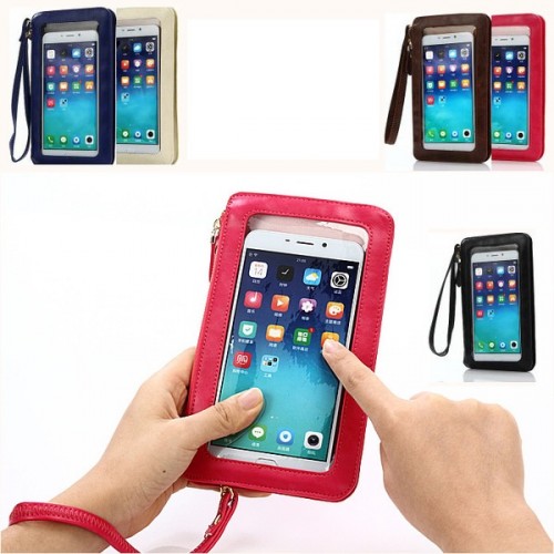 Кожаный кошелек для смартфона с прозрачной передней частью и ремешком