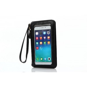 Кожаный кошелек для смартфона с прозрачной передней частью и ремешком Черный