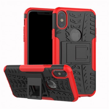 Противоударный двухкомпонентный силиконовый матовый непрозрачный чехол с поликарбонатными вставками экстрим защиты с встроенной ножкой-подставкой и текстурным покрытием Шина для Iphone x10/XS Красный