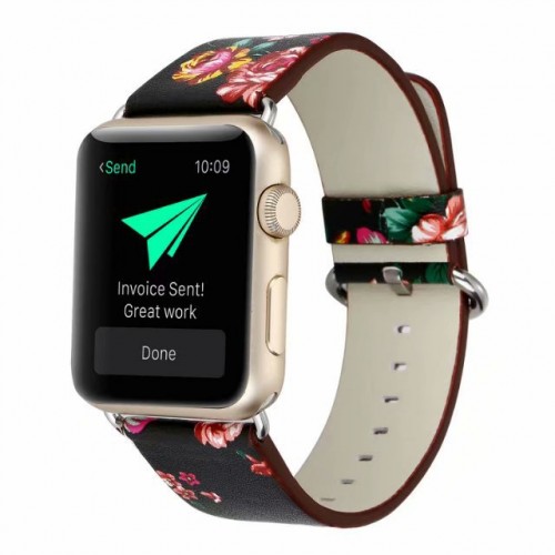 Черный кожаный ремешок с принтом Цветы для Apple Watch Series 4/5 40мм/Series 1/2/3 38мм
