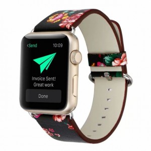 Черный кожаный ремешок с принтом Цветы для Apple Watch Series 4/5 44мм/Series 1/2/3 42мм
