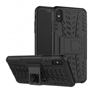 Противоударный двухкомпонентный силиконовый матовый непрозрачный чехол с поликарбонатными вставками экстрим защиты с встроенной ножкой-подставкой и текстурным покрытием Шина для Iphone Xs Max Черный