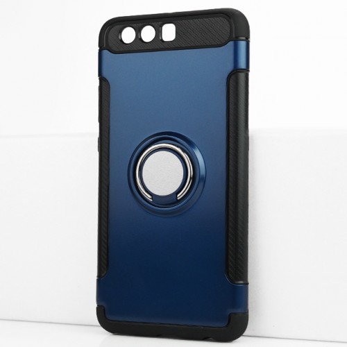 Двухкомпонентный силиконовый матовый непрозрачный чехол с поликарбонатными бампером и крышкой и встроенным кольцом-подставкой для Huawei P10 Plus, цвет Синий
