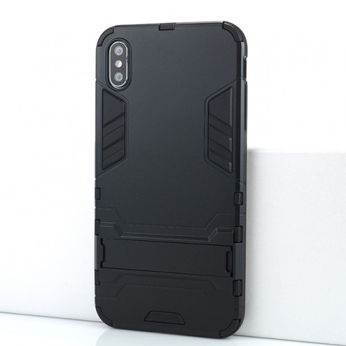 Двухкомпонентный силиконовый матовый непрозрачный чехол с поликарбонатными бампером и крышкой и встроенной ножкой-подставкой для Iphone Xs Max, цвет Черный