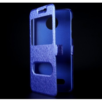 Чехол флип подставка текстура Золото на пластиковой основе с окном вызова и свайпом на магнитной защелке для Motorola Moto Z2 Play Синий