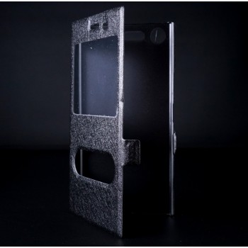 Чехол флип подставка текстура Золото на пластиковой основе с окном вызова и полоcой свайпа на магнитной защелке для Sony Xperia XZ Premium Черный