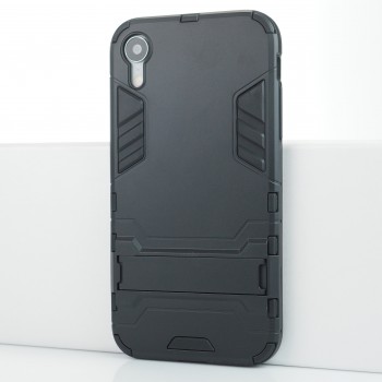 Противоударный двухкомпонентный силиконовый матовый непрозрачный чехол с поликарбонатными вставками экстрим защиты с встроенной ножкой-подставкой для Iphone Xr Черный