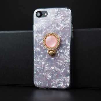 Силиконовый глянцевый полупрозрачный чехол с встроенным дизайнерским кольцом-подставкой и текстурным покрытием Камень для Iphone 7/8/SE (2020) Розовый