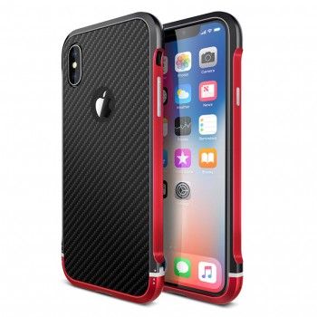 Двухкомпонентный чехол c металлическим бампером с поликарбонатной накладкой и текстурным покрытием Карбон для Iphone 7/8/SE (2020) Красный