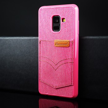 Силиконовый матовый непрозрачный чехол с текстурным покрытием Джинса и отсеком для карт для Samsung Galaxy A8 (2018) Розовый