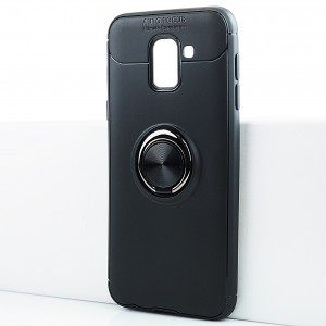Силиконовый матовый непрозрачный чехол с встроенным кольцом-подставкой для Samsung Galaxy J6 Черный