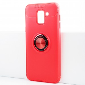 Силиконовый матовый непрозрачный чехол с встроенным кольцом-подставкой для Samsung Galaxy J6 Красный